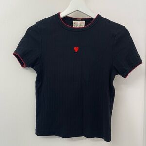 Free People Black T-Shirt with Red Heart Detail